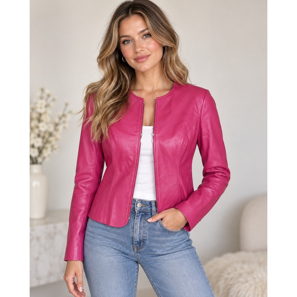 Biker Barbiecore Magenta Pink Leather Jacket Vintage Y2K Size Dopamine Size 6